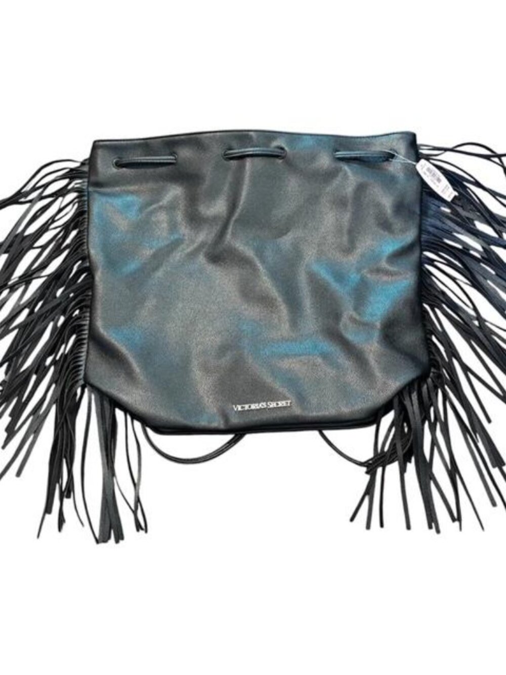 NWT Victoria's Secret VS Faux Black Pebble Leather Draw String Fringe Backpack